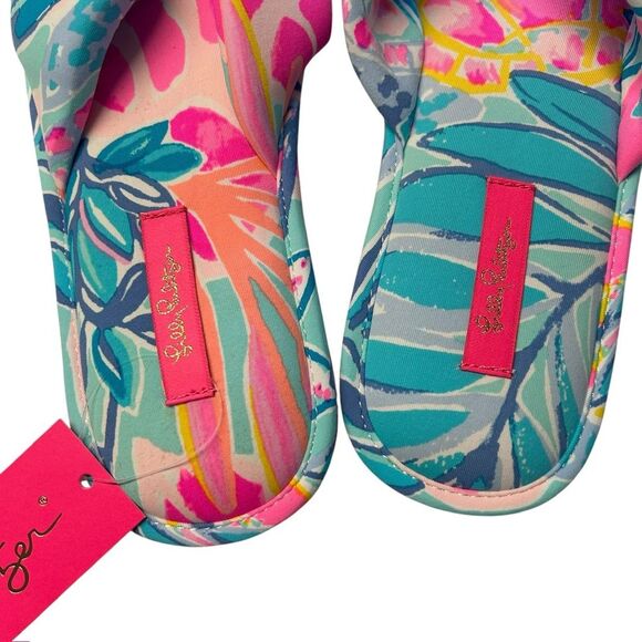 Lilly Pulitzer‎ S/M Pool Slipper Slides Aqua Pink Rainforest Retreat Resortwear - Picture 7 of 8